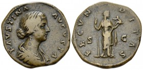Faustina junior, daughter of Antoninus Pius and wife of Marcus Aurelius Sestertius circa 147-175, Æ 32mm., 28.03g. Diademed and draped bust r. Rev. Fe...