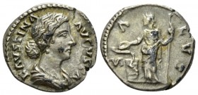 Faustina junior, daughter of Antoninus Pius and wife of Marcus Aurelius Denarius circa 161-175, AR 18mm., 3.40g. Draped bust r. Rev. Salus standing l....