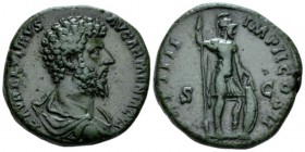 Lucius Verus, 161-169 Sestertius circa 163-164, Æ 31mm., 25.5g. Bare-headed, draped and cuirassed bust r. Rev. Mars, helmeted, in military dress, stan...