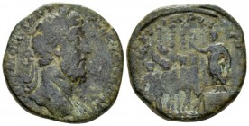 Commodus, 177-192 Sestertius circa 186, Æ 28mm., 18.80g. Laureate head r. Rev. Commodus standing l. on platform, haranguing six soldiers standing r. C...