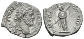 Septimius Severus, 193-211 Denarius circa 194-195, AR 20mm., 3.11g. Laureate head r. Rev. Minerva standing l., holding spear and round shield. C 390 v...