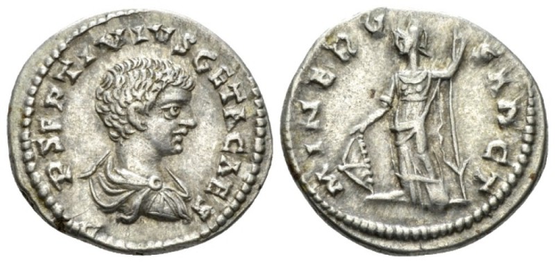 Geta, 209-212 Denarius Laodicaea circa 200-202, AR 20mm., 3.63g. Bare-headed, dr...