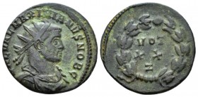 Galerius Maximianus Caesar, 293-305 Radiate circa 297-298, Æ 21mm., 3.02g. Radiate, draped and cuirassed bust r. Rev. VOT/XX/Z. RIC 87b.
 
 Nice gre...