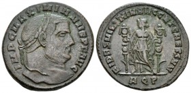 Galerius Maximianus, 305-311 Follis Aquileia circa 305-306, Æ 28.2mm., 10.61g. Laureate head r. Rev. Fides standing facing between two standards. RIC ...