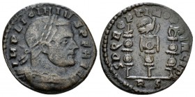 Licinius, 308-324 Follis circa 312-313, Æ 21mm., 3.88g. Licinius I, 308-324. 312-313, Æ 21mm, 3.88g. Laureate and cuirassed bust r. Rev. Three standar...