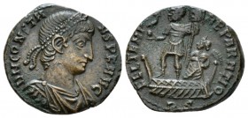 Constans, 337-350 Æ3 circa 348-350, Æ 16mm., 2.61g. Laureate, draped and cuirassed bust r. Rev. Constans, draped, cuirassed, standing l. on galley, ho...