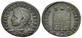 Constantius Caesar II, 324-337. Follis Rome circa 326, Æ 20mm., 2.78g. Laureate, draped and cuirassed bust l. Rev: PROVIDENTIAE CAESS Camp gate, with ...