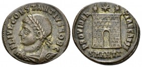 Constantius II, 337-361 Follis Antioch circa 325-326, Æ 20.2mm., 3.13g. Laureate, draped and cuirassed bust l. Rev: PROVIDENTIAE CAESS Camp gate, with...