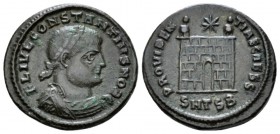 Constantius II, 337-361 Follis Thessalonica circa 326-328, Æ 19.6mm., 3.40g. Laureate, draped and cuirassed bust r. Rev: PROVIDENTIAE CAESS Camp gate,...