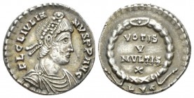 Julian II, 360-363 Reduced siliqua Lugdunum circa 360-363, AR 18mm., 2.29g. Pearl-diademed, draped and cuirassed bust r. Rev. VOTIS / V /MVLTIS / X wi...