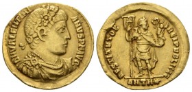 Valentinian I, 364-375 Solidus Antiochia circa 364-367, AV 21mm., 4.30g. Pearl-diademed, draped and cuirassed bust r. Rev. Emperor standing facing, he...
