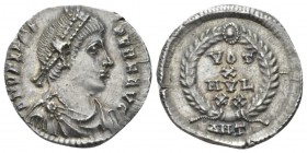 Valens, 364-378 Siliqua Antiochia circa 367-375, AR 18mm., 2.08g. Pearl-diademed, draped and cuirassed bust r. Rev. VOT / X / MVL / xx within wreath; ...
