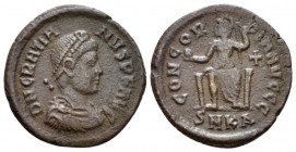 Gratian, 367-383 Nummus Cyzicus circa 378-383, Æ 19.2mm., 2.17g. D N GRATIANVS P F AVG Pearl diademed, draped, cuirassed bust r. Rev. CONCORDIA AVGGG ...