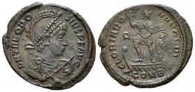 Theodosius I, 379-395 Follis Constantinopolis circa 378-383, Æ 24.8mm., 3.30g. Helmeted, diademed, draped and cuirassed bust r., holding spear and shi...