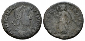 Magnus Maximus, 383-388 Æ1 Lugdunum circa 383-384, Æ 14.8mm., 1.32g. Diademed, draped and cuirassed bust r. Rev. VICTOR-IA AVGG Victory, draped advanc...