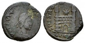 Flavius Victor, 387-388 Æ1 Lugdunum circa 387-388, Æ 13mm., 1.15g. Pearl-diademed, draped, and cuirassed bust r. Rev. Campgate with two turrets; above...