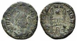 Flavius Victor, 387-388 Æ Arelate circa 387-388, Æ 13.7mm., 1.74g. Pearl-diademed, draped, and cuirassed bust r. Rev. Campgate with two turrets; above...