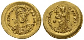 Theodosius II, 402-450 Solidus Constantinople circa 443-450, AV 22.5mm., 4.44g. D N THEODOSI VS P F AVG Pearl-diademed, helmeted, and cuirassed bust f...