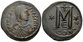 Anastasius I. 491-518. Follis circa 498-518, Æ 35mm., 19.070g. Diademed, draped, and cuirassed bust r. Rev. Large M; cross above, star to l. and r.; E...
