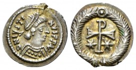 Justin II, 565-578 Half Siliqua Ravenna circa 565-578, AR 12mm., 0.74g. D N IVSTINVS P P AV, diademed and draped bust r. Rev. Cross surmounted by stau...