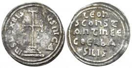 John III the Isaurian, 717 – 741. Miliaresion circa 717-741, AR 21mm., 1.77g. IhSYS XRISt YS nICA Cross potent on three steps. Rev. LEOn / S CONSt / A...