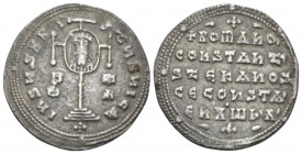 Constantine VII Porphyrogenitus, 913 – 959, with Romanus I Lacapenus, 920 – 944, and colleagues from 921. Miliaresion circa 931-944, AR 23mm., 2.92g. ...
