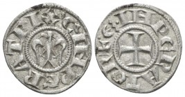 Messina, Enrico VI, 1191-1197. Denaro circa 1191-1197, billon 17mm., 0.83g. Cross. Rev. Eagle l. Spahr 28. MIR 55.

Good Very Fine.
