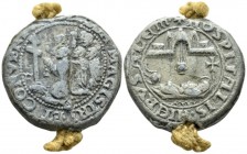 , Knights of Rhodes (Knights Hospitaller). Anonymous Bulla – Seal circa 1850, PB 36mm., 51.07g. Seven attendants kneeling l.; patriarchal cross and A ...