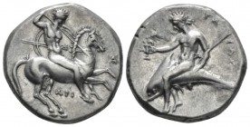 Calabria, Tarentum Nomos circa 315-300, AR 20mm., 7.85g. Naked ephebos on prancing horse r., holding in l. hand, reins, shield and two spears and stri...