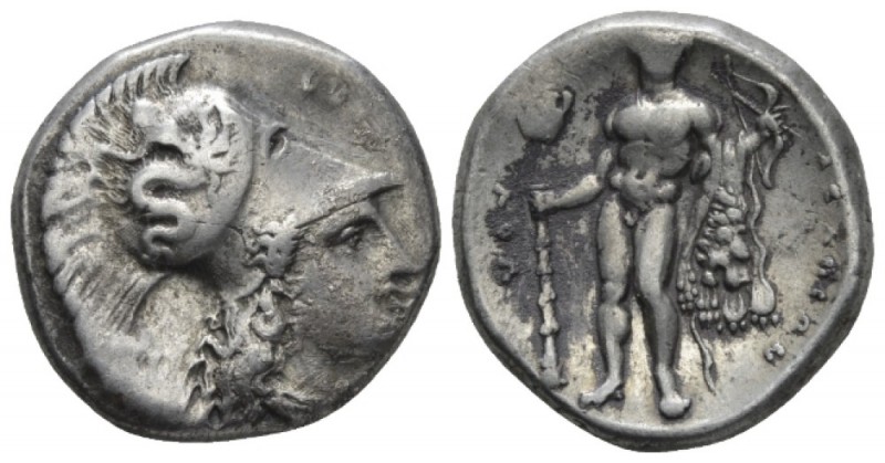 Lucania, Heraclea Nomos circa 340-330, AR 20mm., 7.87g. Head of Athena r., weari...