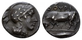 Lucania, Thurium Triobol 443-400, AR 11mm., 1.18g. Helmeted head of Athena r. Rev. ΘOYPI Bull standing l.; in exergue, fish. ANS 1137. SNG Cop. 1741. ...