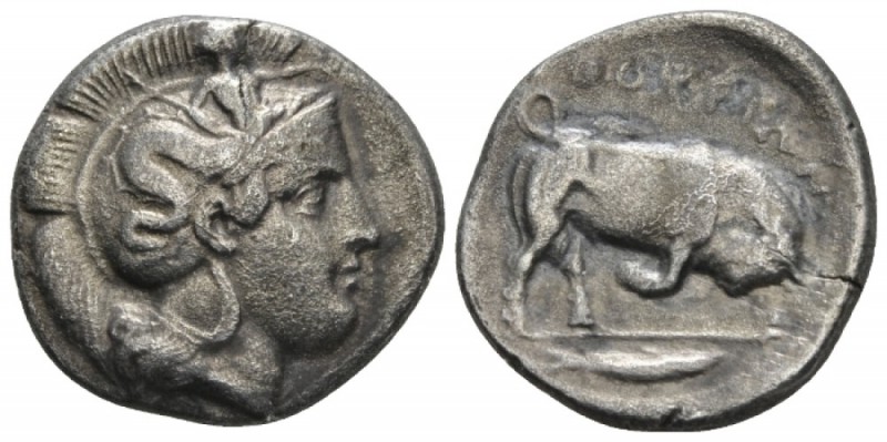 Lucania, Thurium Nomos circa 400-350, AR 21mm., 7.11g. Head of Athena r., wearin...
