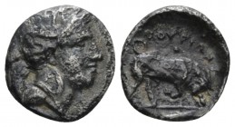 Lucania, Thurium Triobol circa 350-300, AR 12mm., 1.02g. Head of Athena r., wearing crested Attic helmet decorated with Scylla. Rev. Bull butting r. S...