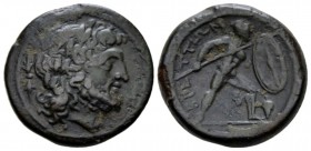 Bruttium, Brettii Unit circa 211-208, Æ 21mm., 7.76g. Laureate head of Zeus r.; in l. field, thunderbolt. Rev. Warrior advancing r., holding shield an...