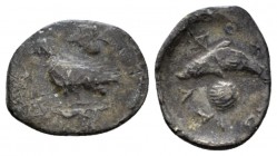 Sicily, Motya Litra circa 380-360, AR 13mm., 0.71g. Eagle standing l. on capital; above, ivy-leaf. Rev. Dolphin l. Jenkins, pl. 23, 1. SNG ANS 502.
...