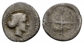 Sicily, Syracuse Hemilitra circa 440-430, AR 12.5mm., 0.32g. Head of Arethusa r., hair caught up in sakkos. Rev. Σ – V – P – A retrograde within four-...