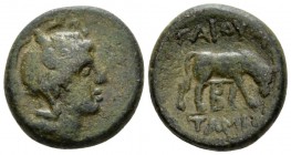 Macedon under the Romans, Gaius Publilius, quaestor Bronze circa 148-147, Æ 19.4mm., 8.69g. Helmeted head of Athena r. Rev. ΓAIOV above, TAMIOY in exe...