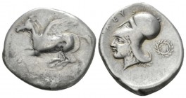 Acarnania, Leucas Stater circa 350-300, AR 25mm., 8.38g. Pegasus flying l. Rev. Helmeted head of Athena l.; in r. field, wreath. Pegasi 64.

Toned, ...