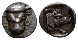 Phocis, Federal Coinage Obol circa 478 - 460 BC, AR 9.4mm., 0.95g. Frontal bull’s head, the hair in vertical lines Φ - O on either side of the muzzle....