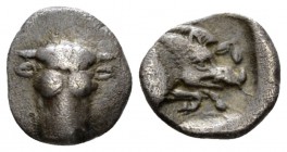 Phocis, Federal coinage Obol circa 457 - 446 BC, AR 9.4mm., 0.92g. Frontal bull’s head, the hair shown in thick lines ending along the brow in beads, ...