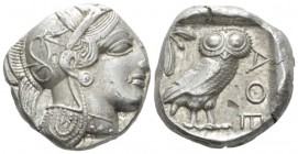 Attica, Athens Tetradrachm circa 415-407 BC, AR 24mm., 17.20g. Head of Athena r., wearing Attic helmet decorated with olive wreath and palmettae. Rev....