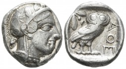 Attica, Athens Tetradrachm circa 415-407, AR 25mm., 17.19g. Head of Athena r., wearing Attic helmet decorated with olive leaves and palmette. Rev. Owl...