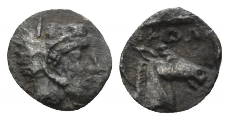 Bosporus, Sarmatia Hemibol circa 425-400, AR 8mm., 0.28g. Head of Herakles r., w...