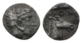 Bosporus, Sarmatia Hemibol circa 425-400, AR 8mm., 0.28g. Head of Herakles r., wearing lion's skin headdress. Rev. Horse's head r. in incuse square. A...