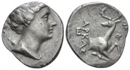 Ionia, Ephesus Didrachm circa 258-202, AR 20mm., 6.41g. Bust of Artemis wearing stephane right, at shoulder, bow and quiver. Rev. Forepart of stag kne...