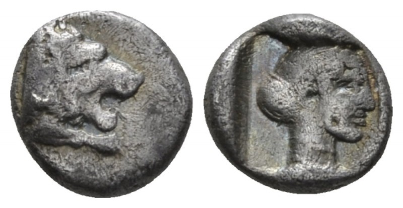 Caria, Cnidus Obol circa 411-394, AR 8mm., 0.89g. Head of lion r. Rev. Head of A...