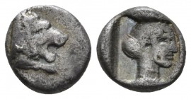 Caria, Cnidus Obol circa 411-394, AR 8mm., 0.89g. Head of lion r. Rev. Head of Aphrodite r., within incuse square. Cahn, Knidos 102.

Toned, Very Fi...