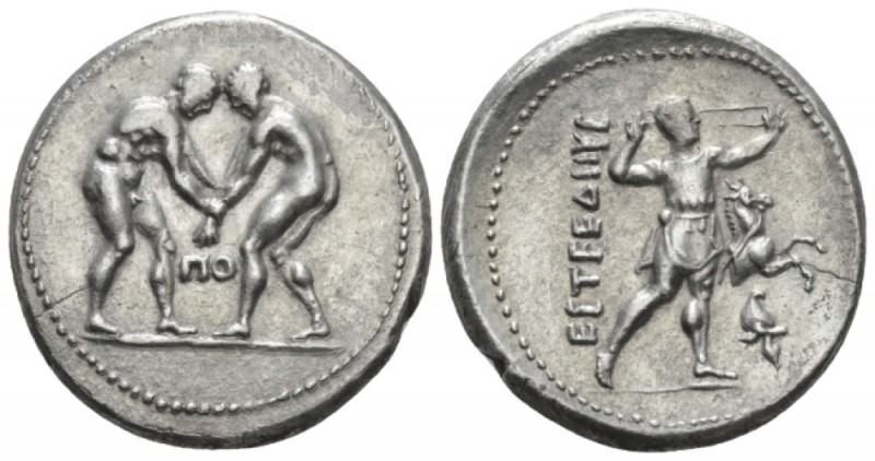 Pamphilia, Aspendus Stater circa 330-250, AR 24.4mm., 10.61g. Two wrestlers grap...