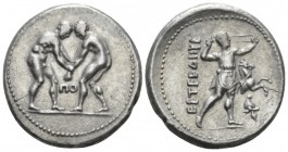 Pamphilia, Aspendus Stater circa 330-250, AR 24.4mm., 10.61g. Two wrestlers grappling; in lower middle field, ΠO. Rev. ECTFEΛIIYC Slinger standing r.;...