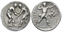 Pamphilia, Aspendus Stater circa 380-325, AR 23mm., 10.83g. Two wrestlers; between them, BA. Rev. Slinger standing r., triskeles in r. field. SNG Cope...